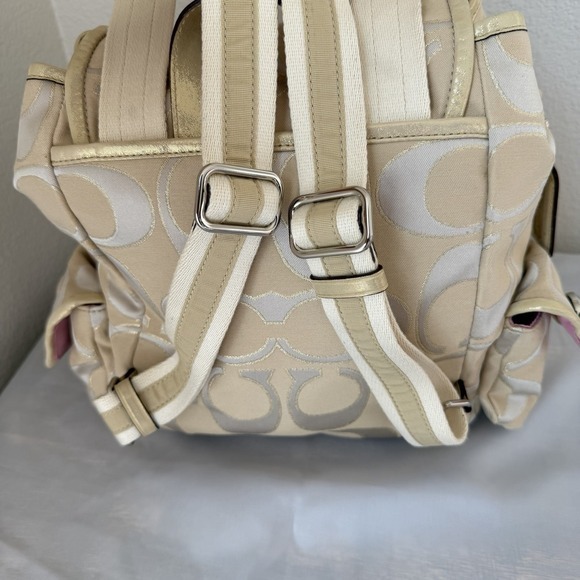 Coach Poppy Backpack 16696 Champagne Cream Signature C Logo Metallic Excellent - Picture 12 of 16